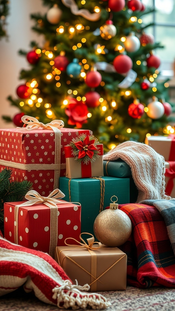 A collection of Christmas gifts wrapped in colorful paper with a festive background of lights and a Christmas tree.